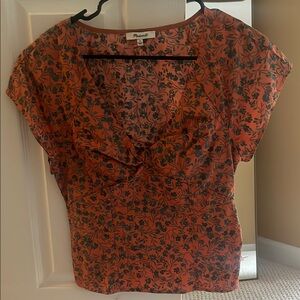 Madewell Orange and Green Floral Cap Sleeve Twist Front Blouse